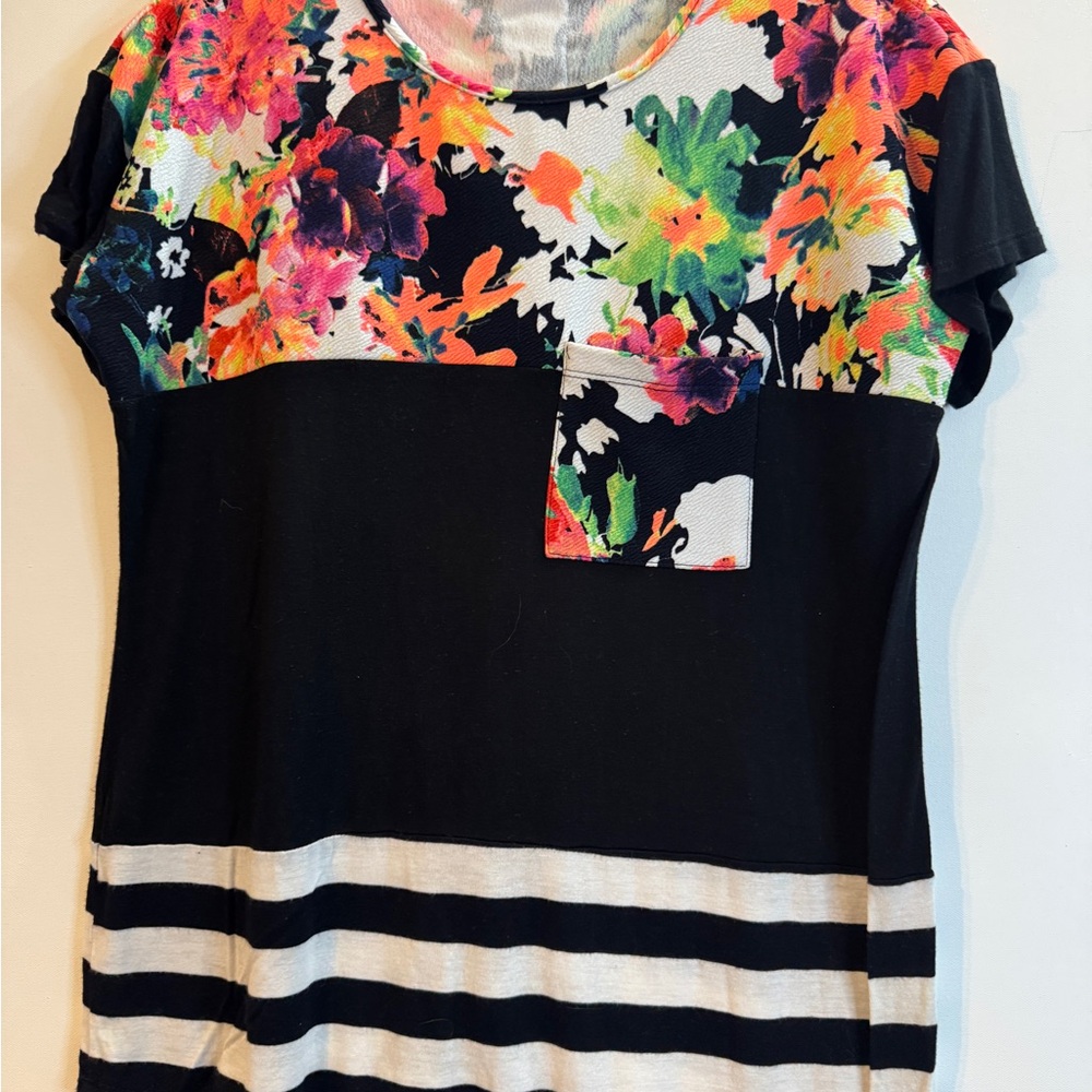 Vibrant Floral and Striped Short Sleeve Top